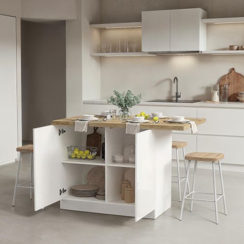 Isola da Cucina Bianco Lucido Marrone Rovere 2 Ripiani 4 Vani 130x80x90h cm, 2 Ante Made in Italy - Miha