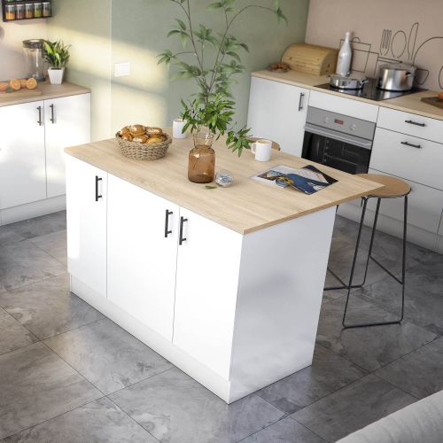 Isola da Cucina Bianco Lucido Marrone Rovere 3 Ripiani 6 Vani 138x94x90h cm, Apertura Battente - Siha
