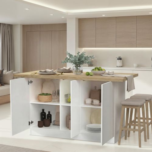Isola da Cucina Bianco Lucido Marrone Rovere 3 Ripiani 6 Vani 160x80x90h cm, 3 Ante Made in Italy - Migani