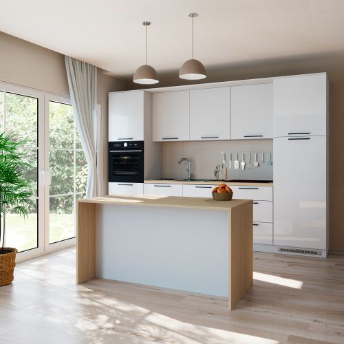 Isola da Cucina Marrone Rovere Bianco Lucido 2 Ripiani 4 Vani 170x80x90h cm, 3 Ante Made in Italy - Mapalesi