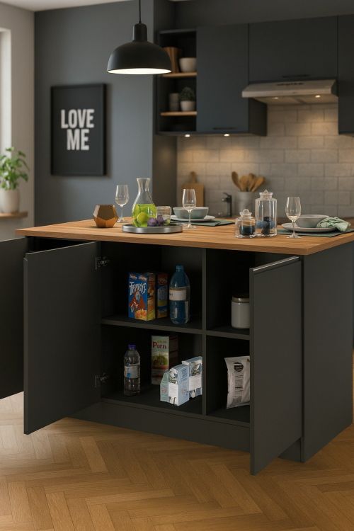 Isola da cucina Patrizio, Tavolo ausiliario portaoggetti, Mobile da cucina a 3 ante, 100% Made in Italy, 155x90h90 cm, Antracite e Rovere
