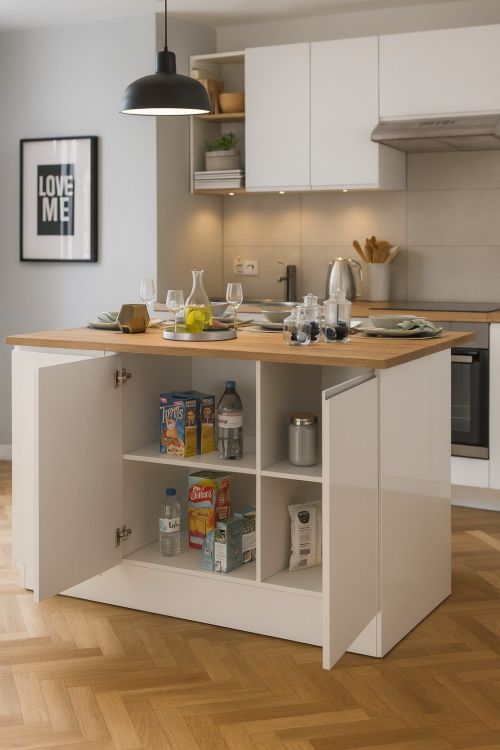 Isola da cucina Patrizio, Tavolo ausiliario portaoggetti, Mobile da cucina a 3 ante, 100% Made in Italy, 155x90h90 cm, Bianco lucido e Rovere