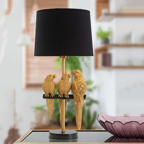 Lampada da Tavolo oro Nero Decorazione con Pappagalli Attacco e27, Paralume - Paia
