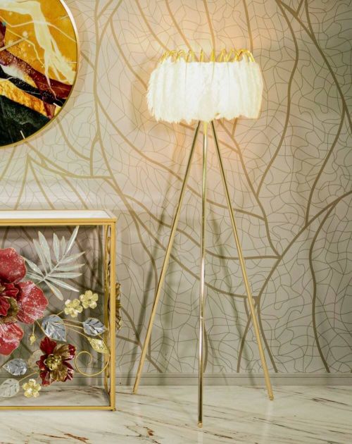 Lampada da terra Blufi, Luce da terra, Lampada da pavimento, Lampada a stelo, 46x46 h147 cm, Bianco e Oro