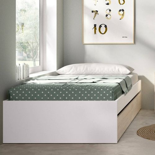 Letto 1 piazza moderno bianco e rovere 194x95cm adatto per materasso 90x190 cm - Neki