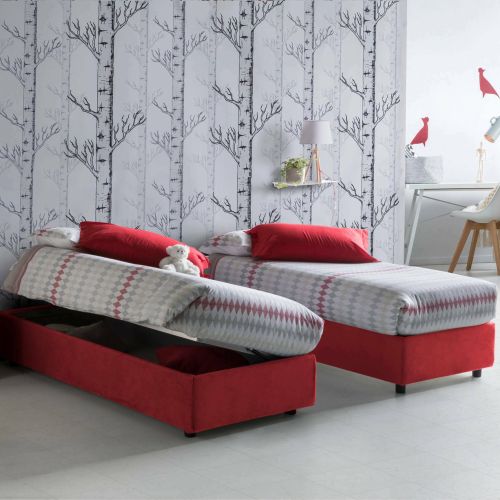 Letto 1 posto contenitore rosso 95x205cm rivestito in tessuto - Abbi