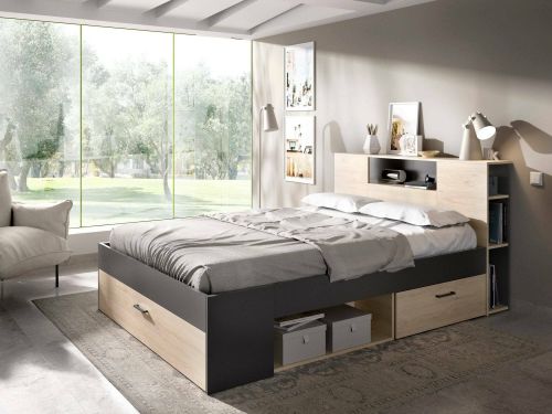 Letto alla francese Fariola, Sommier per camera da letto, Giroletto per stanza, Struttura porta materasso, 150x219 h95 cm, Antracite e Rovere