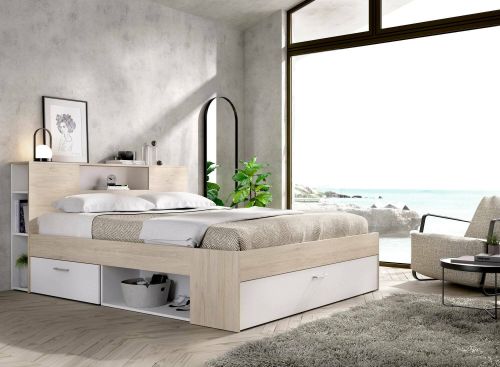 Letto alla francese Fariola, Sommier per camera da letto, Giroletto per stanza, Struttura porta materasso, 150x219 h95 cm, Bianco e Rovere