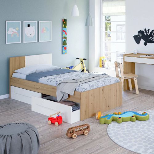 Letto bambini 2 cassetti contenitori 196x97cm rovere nodi e bianco - Azalia
