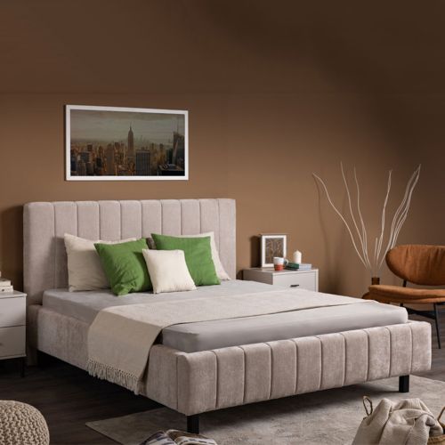 Letto Matrimoniale Beige Dimensione Materasso 160x200 cm Testiera e Giroletto Imbottiti, Imbottito - Exmouth