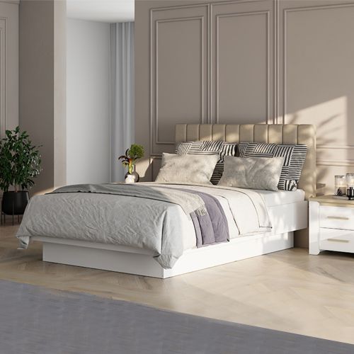 Letto Matrimoniale Bianco Beige Dimensione Materasso 160x200 cm Testiera Imbottita, Imbottito - Byron