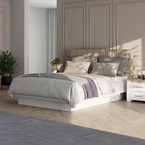 Letto Matrimoniale Bianco Beige Dimensione Materasso 180x200 cm Testiera Imbottita, Imbottito - Byron