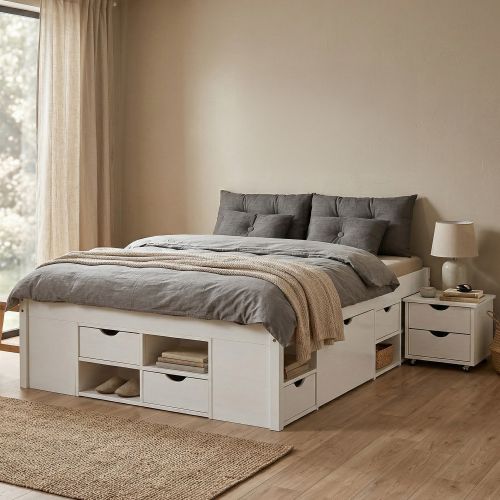 Letto Matrimoniale Bianco Contenitore Dimensione Materasso 140x200 cm, Rete Inclusa - Ravanusa