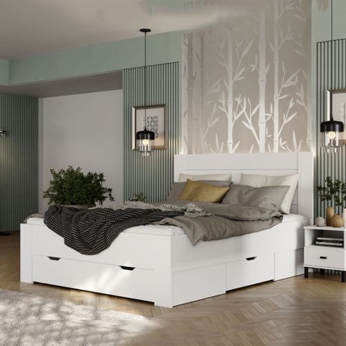 Letto Matrimoniale Bianco Crema Dimensione Materasso 160x200 cm Testata Effetto Dogato, Peso Supportato 200 kg - Siwwa