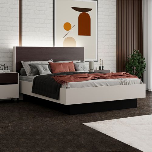 Letto Matrimoniale Bianco Crema Marrone Noce Dimensione Materasso 160x200 cm Peso Supportato 200 kg, Matrimoniale - Takaya