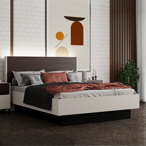 Letto Matrimoniale Bianco Crema Marrone Noce Dimensione Materasso 180x200 cm Peso Supportato 200 kg, Matrimoniale - Kamak