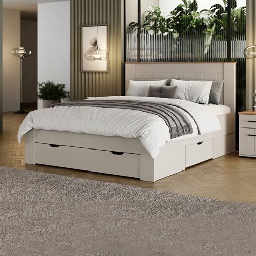 Letto Matrimoniale Bianco Crema Marrone Rovere Dimensione Materasso 160x200 cm Testata Dettaglio Rigato, Peso Supportato 200 kg - Luangp