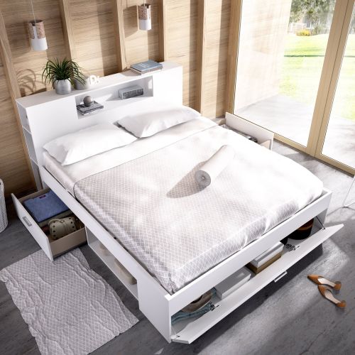 Letto Matrimoniale Bianco Marrone Rovere Contenitore Dimensione Materasso 160x200 cm, 2 - Murlo