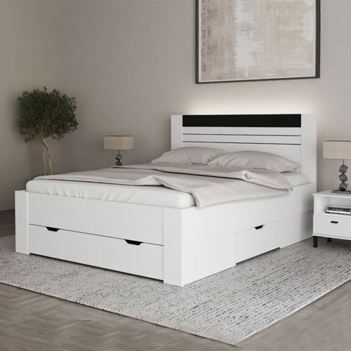 Letto Matrimoniale Bianco Nero Dimensione Materasso 160x200 cm Testata Dettaglio Rigato, Peso Supportato 200 kg - Kabale