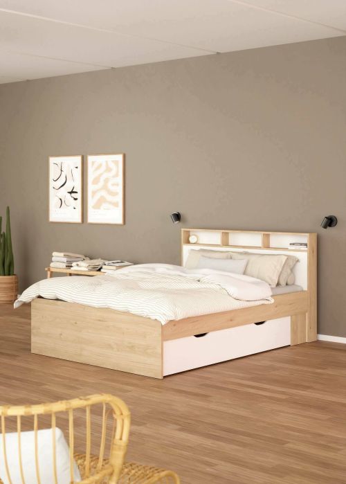 Letto matrimoniale Capucine, Sommier per camera da letto, Giroletto per stanza, Struttura porta materasso, 216x170 h97 cm, Rovere e Bianco