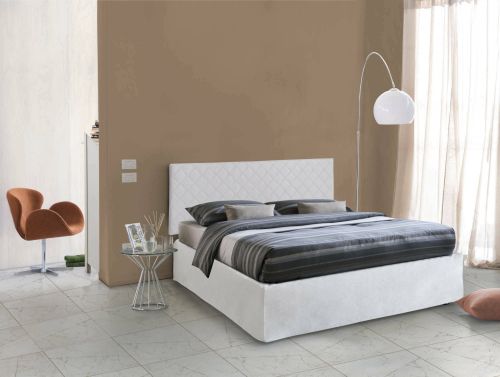 Letto matrimoniale Clementina, Set testata in ecopelle con rete ortopedica e mantovana, 100% Made in Italy, adatta a materasso da Cm 160x190, Bianco