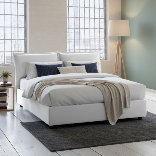 Letto Matrimoniale Contenitore 175x205x95h Imbottito in Tessuto Bianco Sfoderabile Made in Italy con Rete a Doghe – Anjin