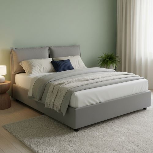 Letto Matrimoniale Contenitore 175x215x95h Imbottito in Tessuto Sfoderabile Grigio con Rete a Doghe Made in Italy – Aris