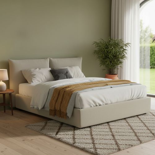 Letto matrimoniale contenitore beige 190x225cm rivestito in tessuto - Aghineo