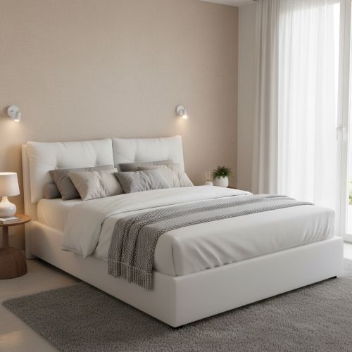 Letto matrimoniale contenitore bianco 175x205cm rivestimento in ecopelle - Hanoi