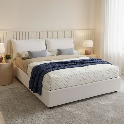 Letto matrimoniale contenitore bianco 175x215cm rivestito in ecopelle - Amalta
