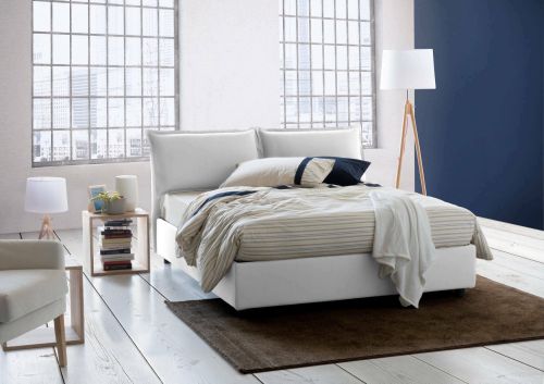 Letto matrimoniale Denise, Letto contenitore con rivestimento in tessuto, 100% Made in Italy, Apertura frontale, con materasso Cm 160x190 incluso, Bianco