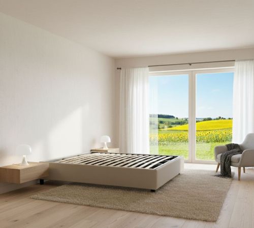 Letto matrimoniale Elisa, Letto contenitore con rivestimento in tessuto, 100% Made in Italy, Apertura frontale, adatto per materasso Cm 160x190, Beige