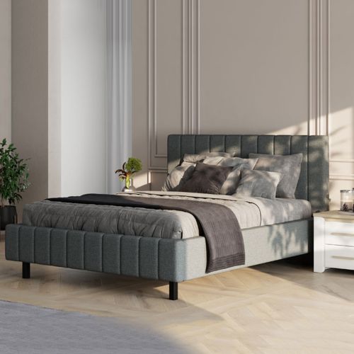Letto Matrimoniale Grigio Dimensione Materasso 160x200 cm Testiera e Giroletto Imbottiti, Imbottito - Exmouth