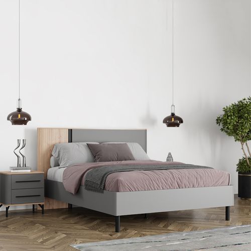 Letto Matrimoniale Grigio Scuro Marrone Rovere Dimensione Materasso 160x200 cm Peso Supportato 200 kg, Matrimoniale - Banff
