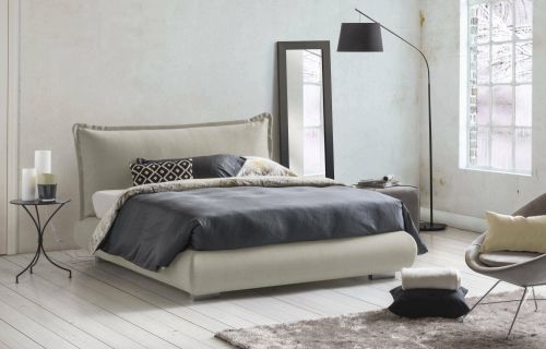 Letto matrimoniale Ilenia, Letto contenitore con rivestimento e testata in tessuto, 100% Made in Italy, Apertura frontale, adatto per materasso 160x190 cm, Beige