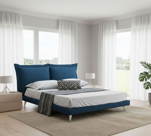 Letto matrimoniale Ludovica, Letto fisso in tessuto con piedini, 100% Made in Italy, adatto per materasso 160x190 cm, Blu