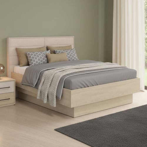 Letto Matrimoniale Marrone Rovere Bianco Crema Dimensione Materasso 160x200 cm Imbottito, Testiera Imbottita - Tirso