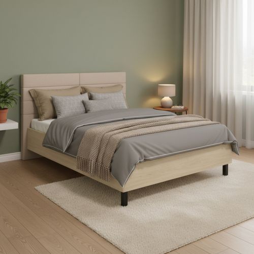 Letto Matrimoniale Marrone Rovere Bianco Crema Testiera Imbottita Imbottito, Dimensione Materasso 160x200 cm - Ausonio