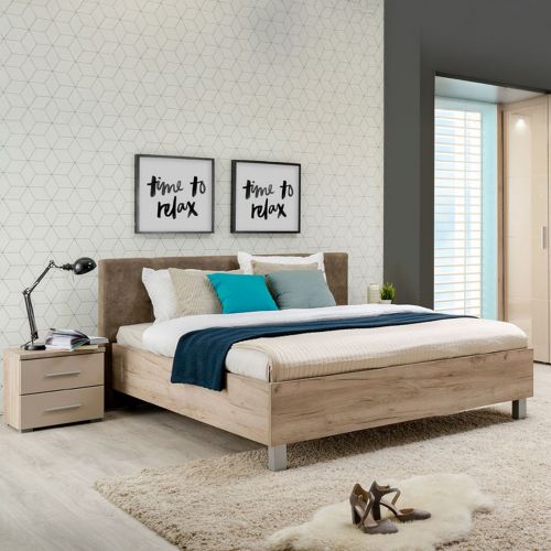 Letto Matrimoniale Marrone Rovere Grigio Grigio Tortora Testiera Imbottita Imbottito, Dimensione Materasso 160x200 cm - Maida
