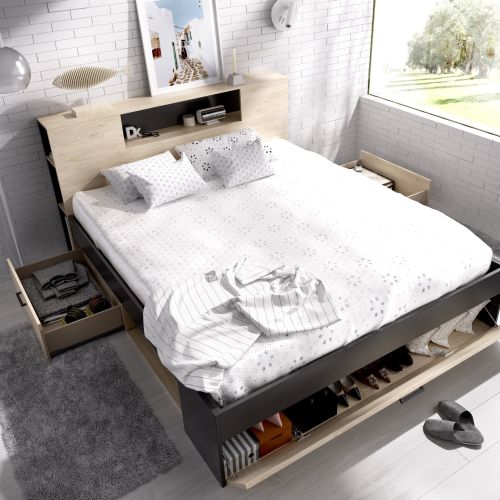 Letto Matrimoniale Marrone Rovere Nero Antracite Contenitore Dimensione Materasso 160x200 cm, 2 - Murlo