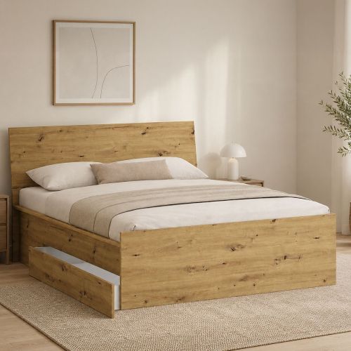 Letto Matrimoniale Marrone Rovere Nodi Dimensione Materasso 160x200 cm con Cassetto, Matrimoniale - Lidati