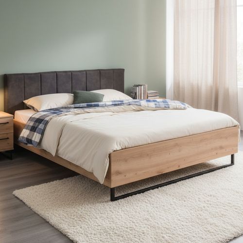 Letto Matrimoniale Marrone Rovere Nodi Nero Antracite Testiera Imbottita Imbottito, Dimensione Materasso 180x200 cm - Busnago