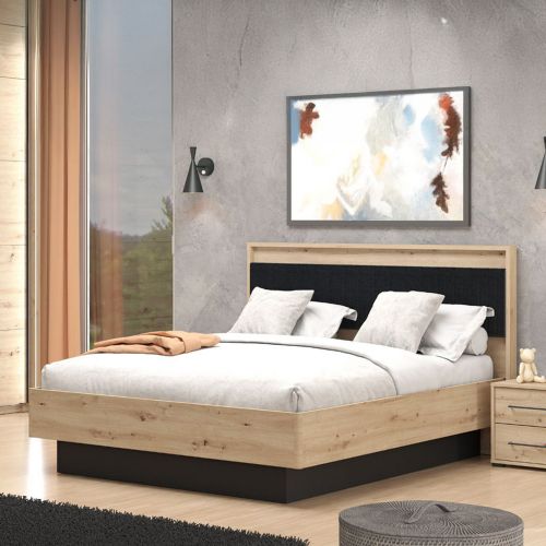 Letto Matrimoniale Marrone Rovere Nodi Nero Dimensione Materasso 160x200 cm Imbottito, Testiera Imbottita - Filogaso