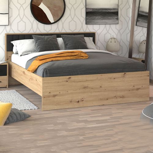 Letto Matrimoniale Marrone Rovere Nodi Nero Dimensione Materasso 160x200 cm Imbottito, Testiera Imbottita - Grosso