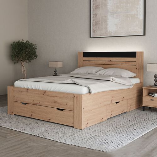 Letto Matrimoniale Marrone Rovere Nodi Nero Dimensione Materasso 160x200 cm Testata Dettaglio Rigato, Peso Supportato 200 kg - Kabale