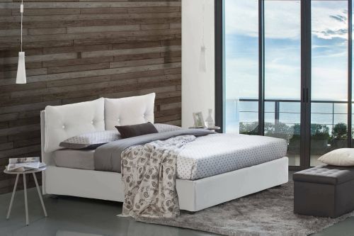 Letto matrimoniale Stefania, Letto contenitore con rivestimento in ecopelle, 100% Made in Italy, Apertura frontale, adatto per materasso Cm 160x200, Bianco