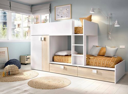Letto per bambini Breithorn, Cameretta completa con armadio e cassetti, Composizione letto a castello con due lettini singoli, 275x108h150 cm, Bianco e Rovere