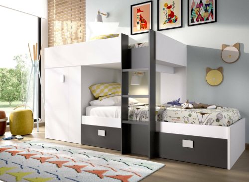 Letto per bambini Cevedale, Cameretta completa con armadio e cassetti, Composizione letto a castello con due lettini singoli, 271x111h150 cm, Bianco e Antracite