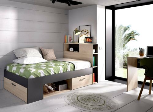 Letto per bambini Cristallo, Lettino per cameretta con testiera, Struttura per letto singolo con cassetto e scaffali, 218x99h96 cm, Rovere e Antracite