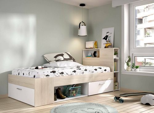 Letto per bambini Cristallo, Sommier per camera da letto, Giroletto per stanza, Struttura porta materasso, 218x99 h96 cm, Bianco e Rovere